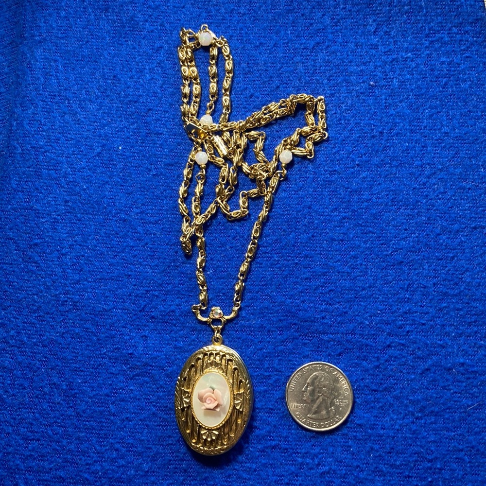 1928 Brand Gold Tone Locket with Pink Rose and Rhinestones on Chain
